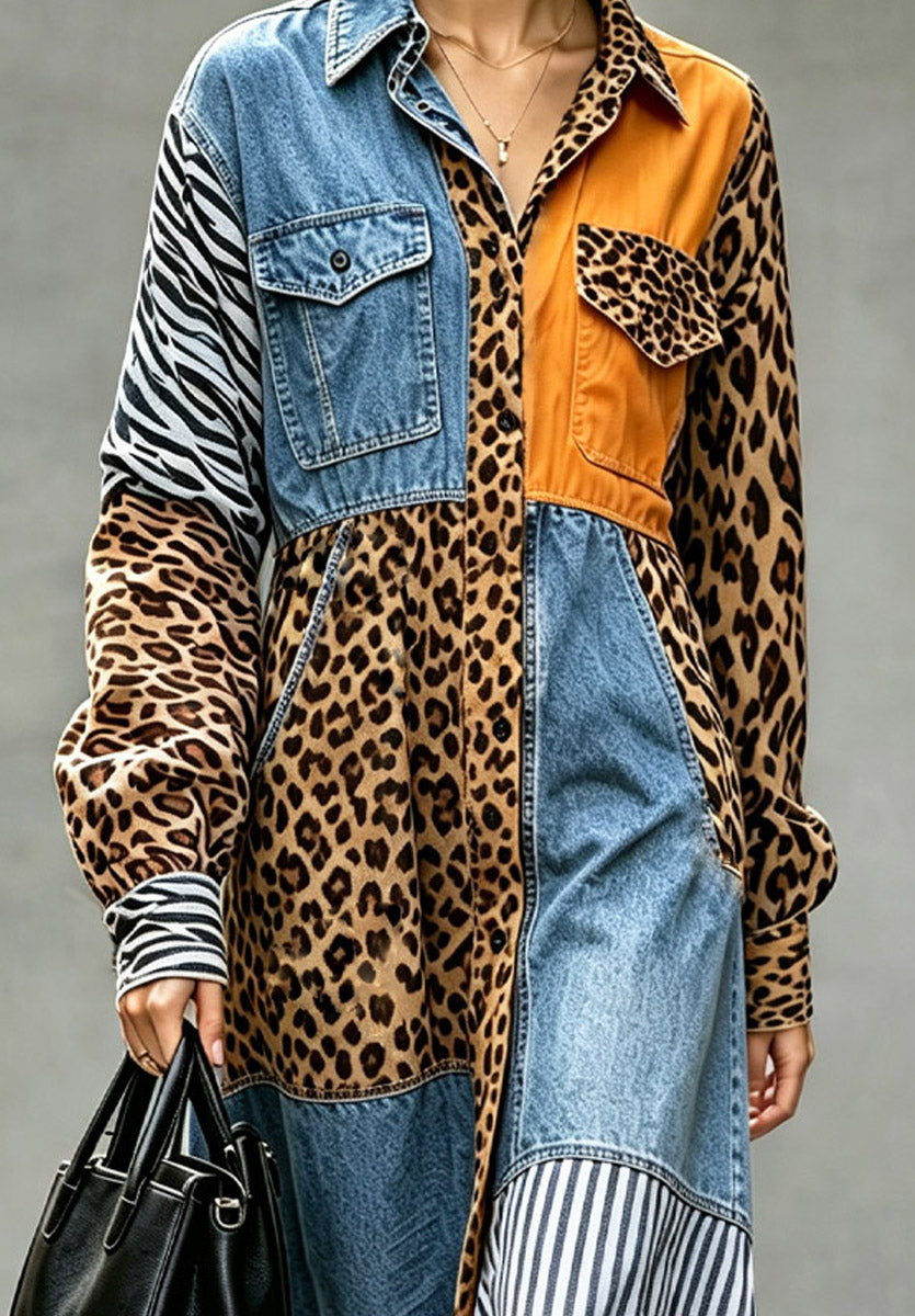 Retro Chic Leopard Denim Patchwork Loose Art Stylish Casual Long Sleeve Midi Dress