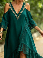 Women Solid Embroidery V Neck Cold Shoulder High Low Maxi Dress