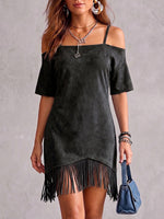Women's Solid Color Short-sleeve Casual Loose Suede Dress With Tassels