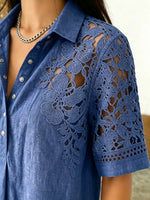 Women's Hollow Floral Lace Spliced Denim Collar Short Sleeve Shirt
