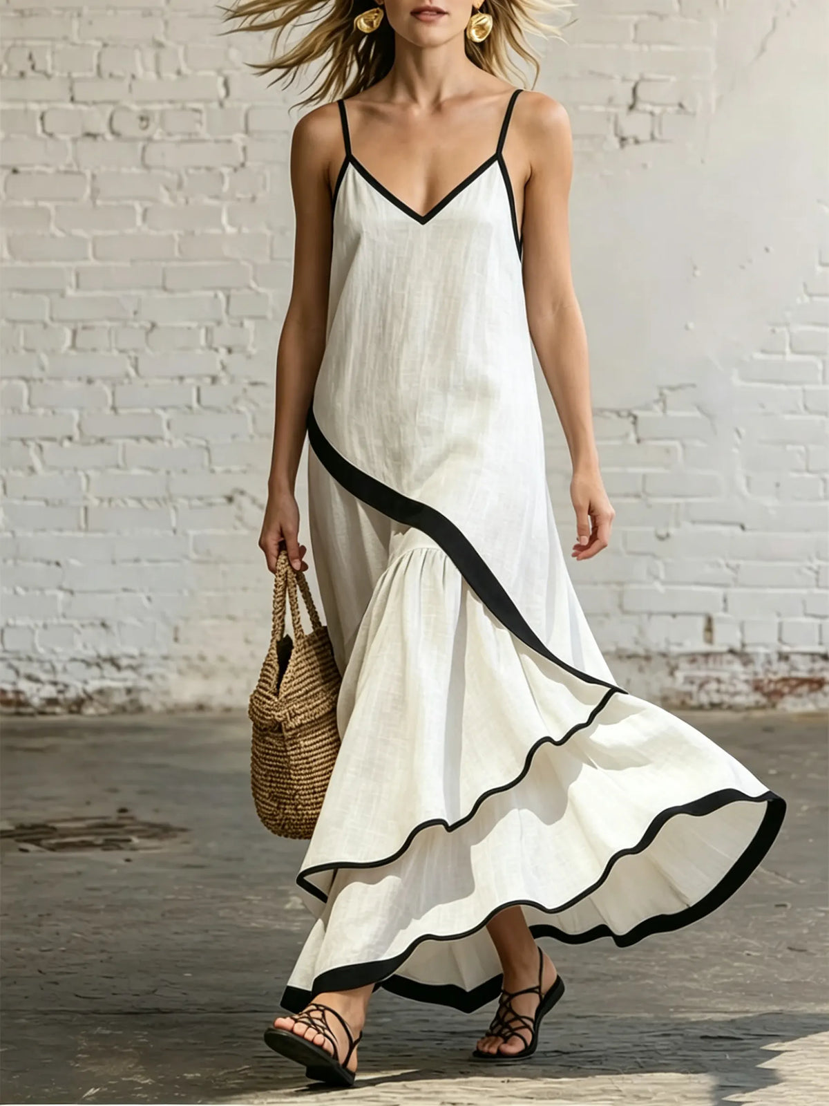 Women Solid Contrast Diagonal Stripe V Neck Spaghetti Strap Mermaid Maxi Dress