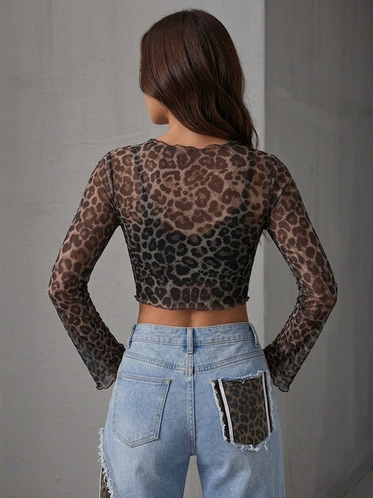 Stylish Leopard-print Mesh Top