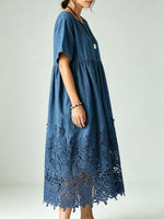 Women's Round Neck Short Sleeve Denim Midi Dress With Hollow Lace Hem & Pockets