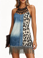 Women's Leopard Patchwork Denim Hollow Halter Fringe Mini Dress