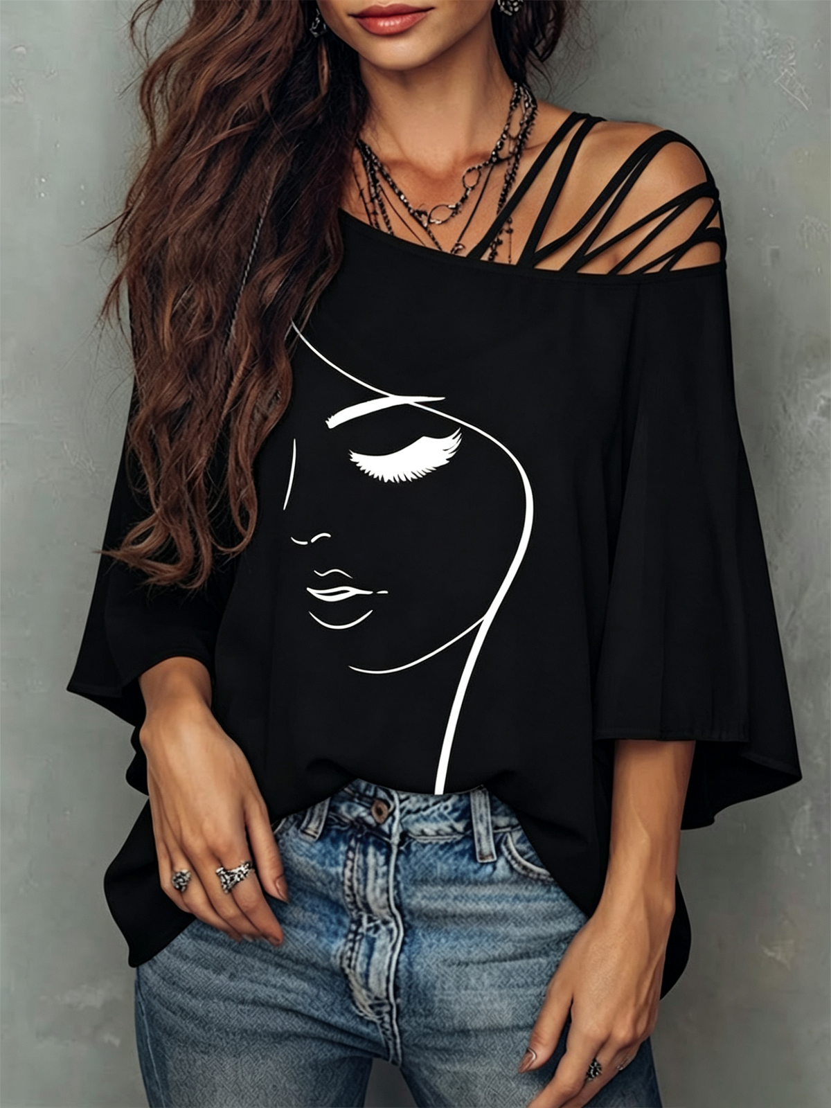 Loose-fit Top Featuring A Spliced asymmetrical Neckline, Abstract Line-art Face Graphic, Dropped Shoulders, And Flared Mid-length Sleeves