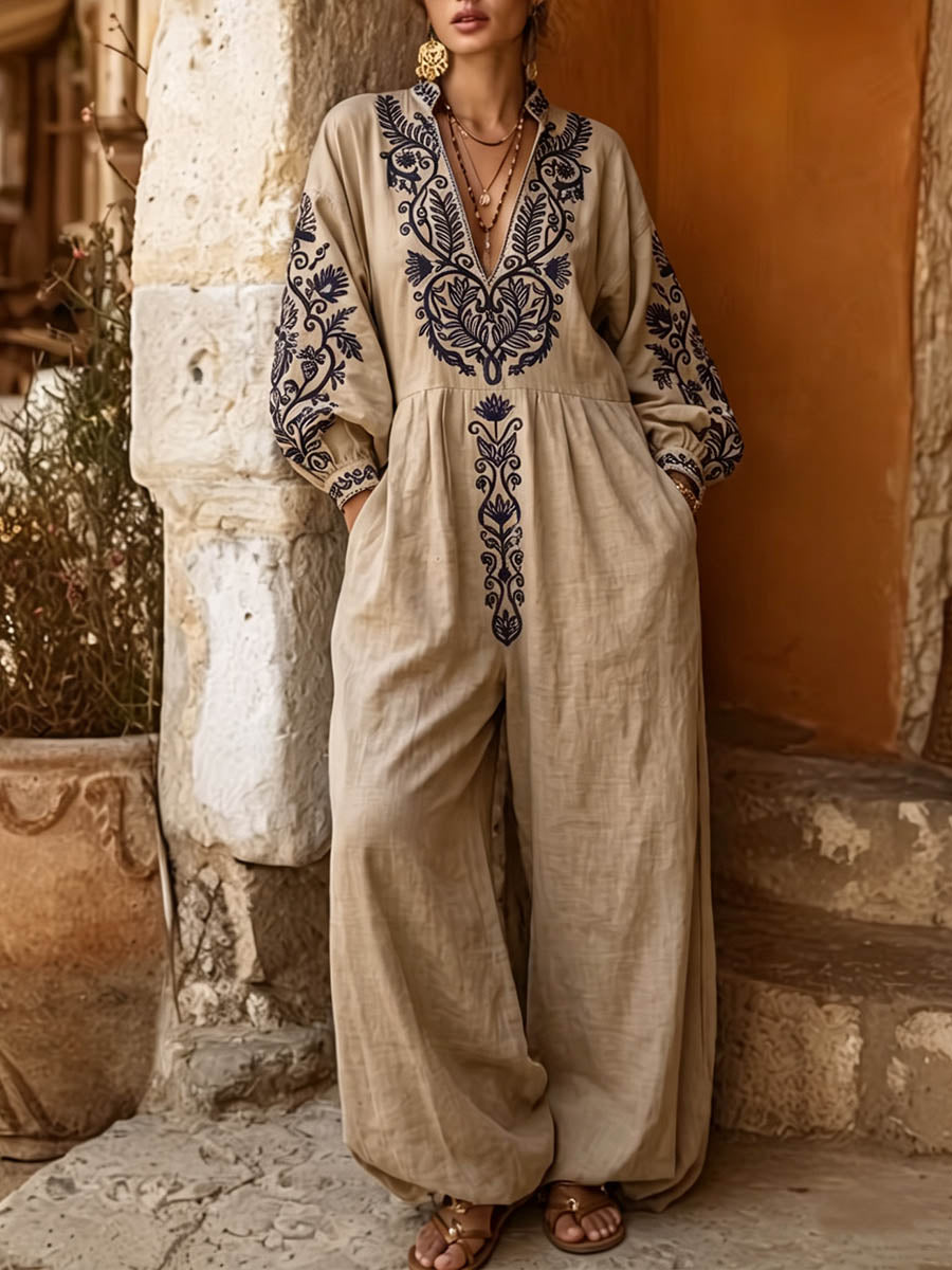 Women's Placement-print V-neck Long-sleeve Casual Loose Cotton-linen Wide-leg Jumpsuit