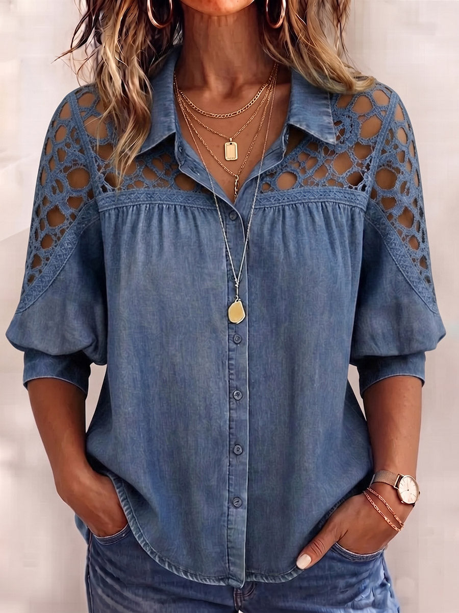 Vintage Elegant Denim Patchwork Hollowed Out Lace Shirt