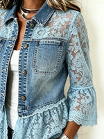Women's Floral Lace Spliced Denim Short Jacket