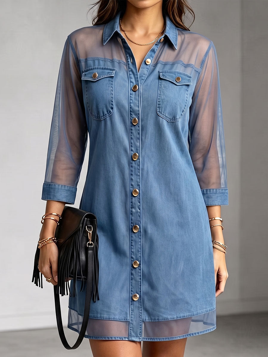 Women's Casual Loose-fit Denim Shirt Dress With Chiffon Panels Lapel Collar And 3/4 Sleeves
