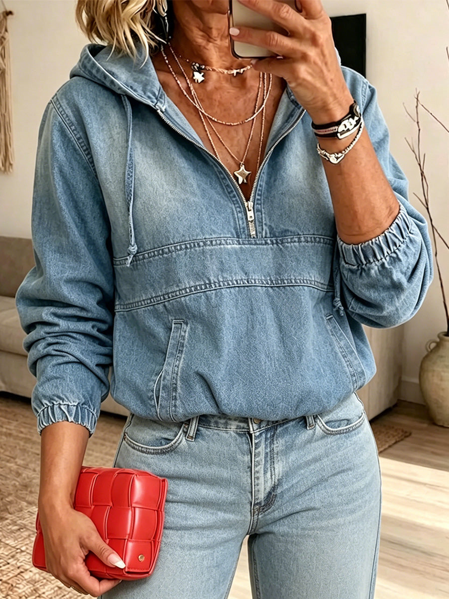 Wash Denim Hooded Half Zip Drawstring Cuff Long Sleeve Loose Pullover