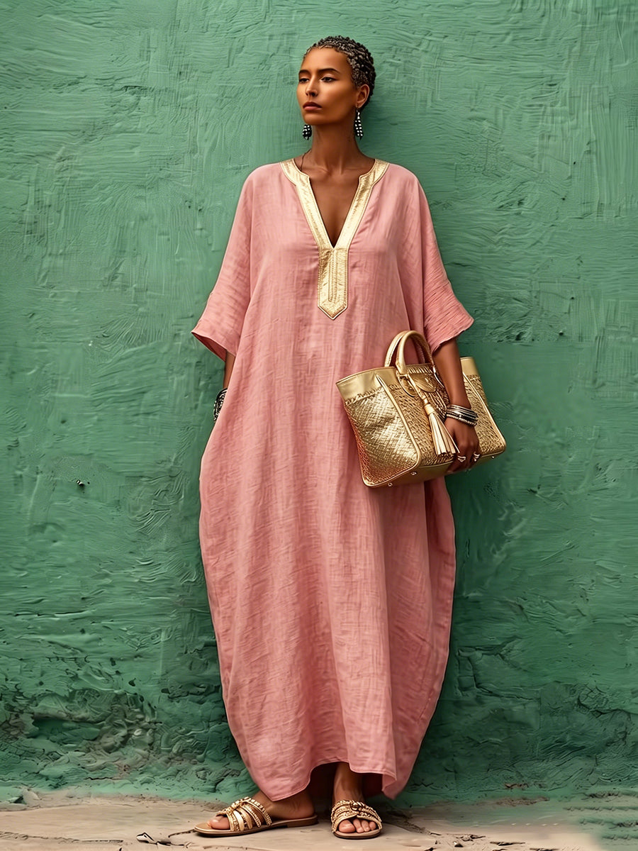Bohemian Gold V-neck Cotton-linen Maxi Dress