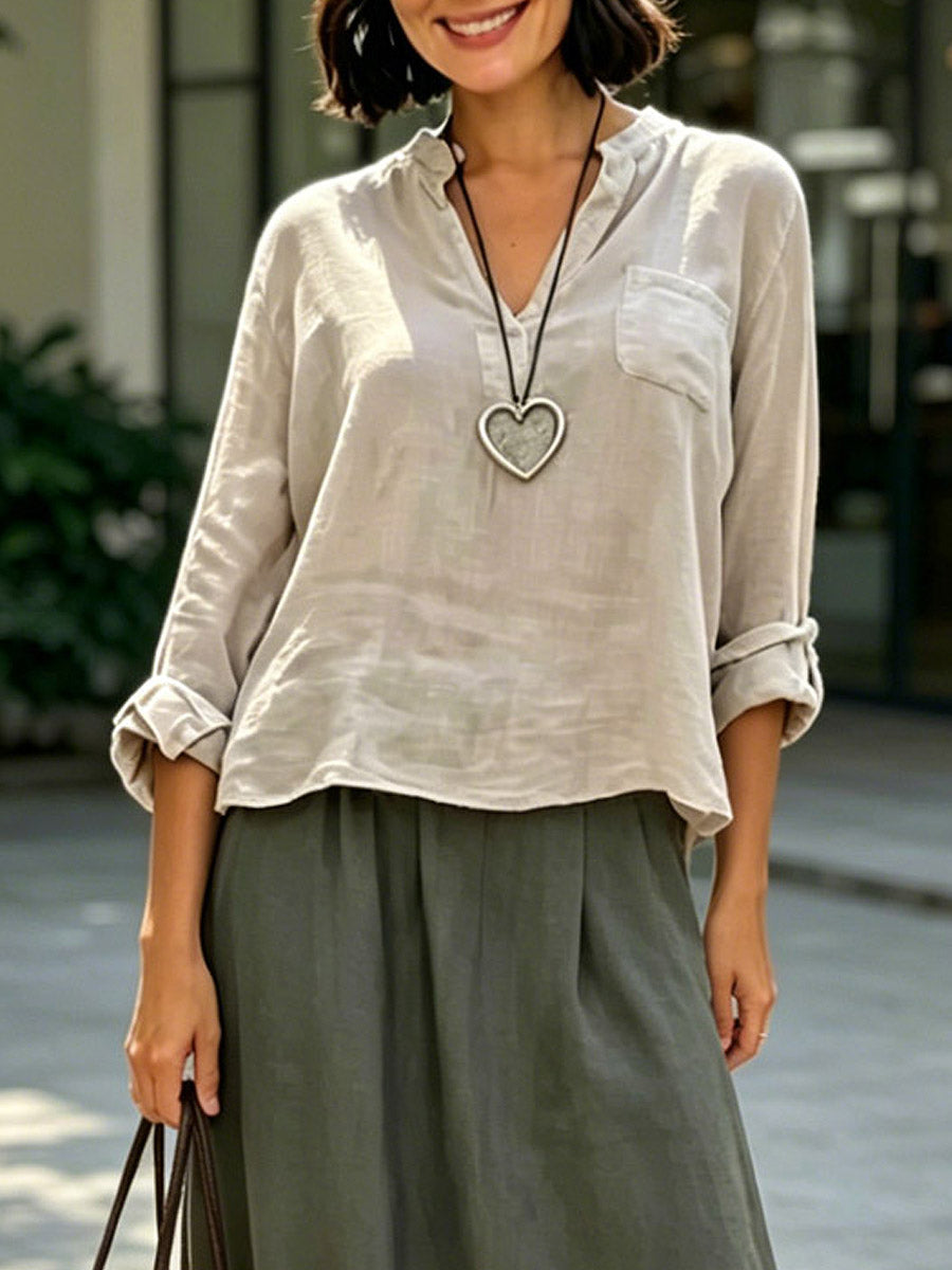 Women's Casual Long Sleeve Top And Skirt Cotton And Linen Two-piece Set