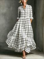 Women's Grid Print Stand Collar Button Down Ruffle Hem Cotton Linen Maxi Dress