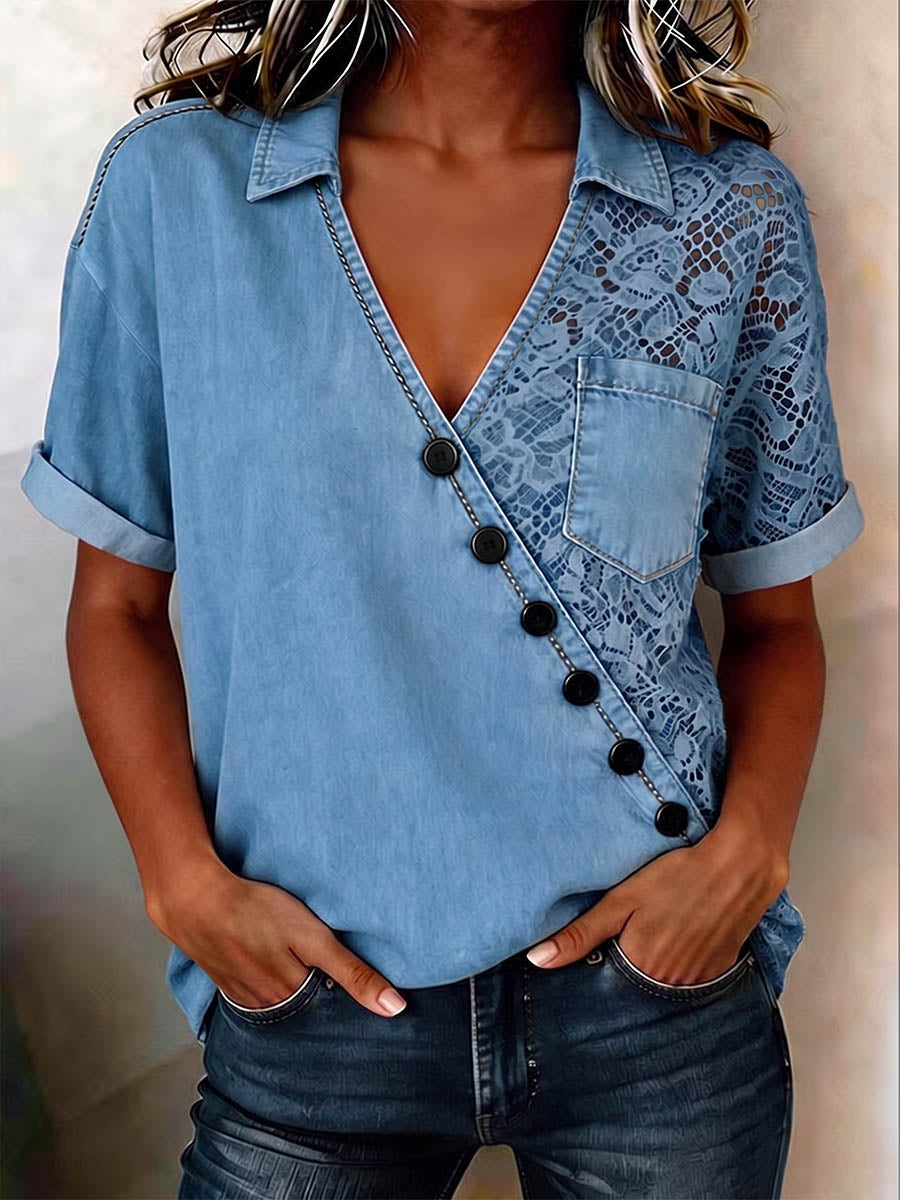 Women's Short-sleeve Casual Loose-fit Lace-panel Top With Collar