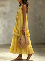 Women's Solid Dobby Dot Hollow Lace Halter Tiered Cake Vacation Maxi Dress