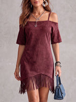 Women's Solid Color Short-sleeve Casual Loose Suede Dress With Tassels