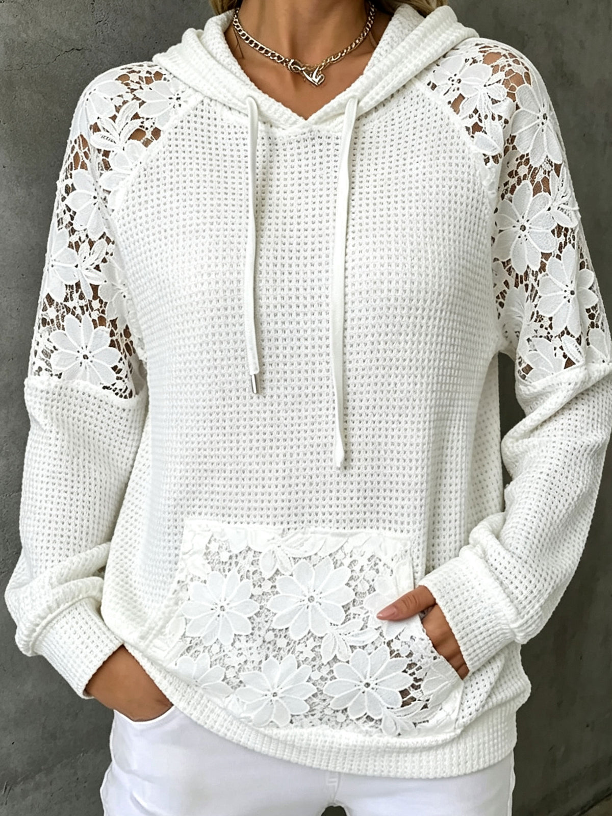 Women’s Floral Lace Raglan Sleeve Waffle Knit Drawstring Hoodie