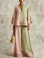 Pink Green Color Block Floral Print Linen Blend V-neck Wide Sleeve Top Wide Leg Pants 2-piece Set