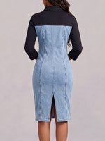Women's Casual Loose-fit Cotton-linen Denim Dress With Shirt Collar, 3/4 Sleeves, And Color-block Paneling