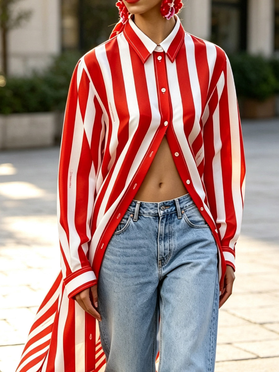 Retro Chic Striped Pattern Art Long Sleeve Casual Stylish Lapel Shirt