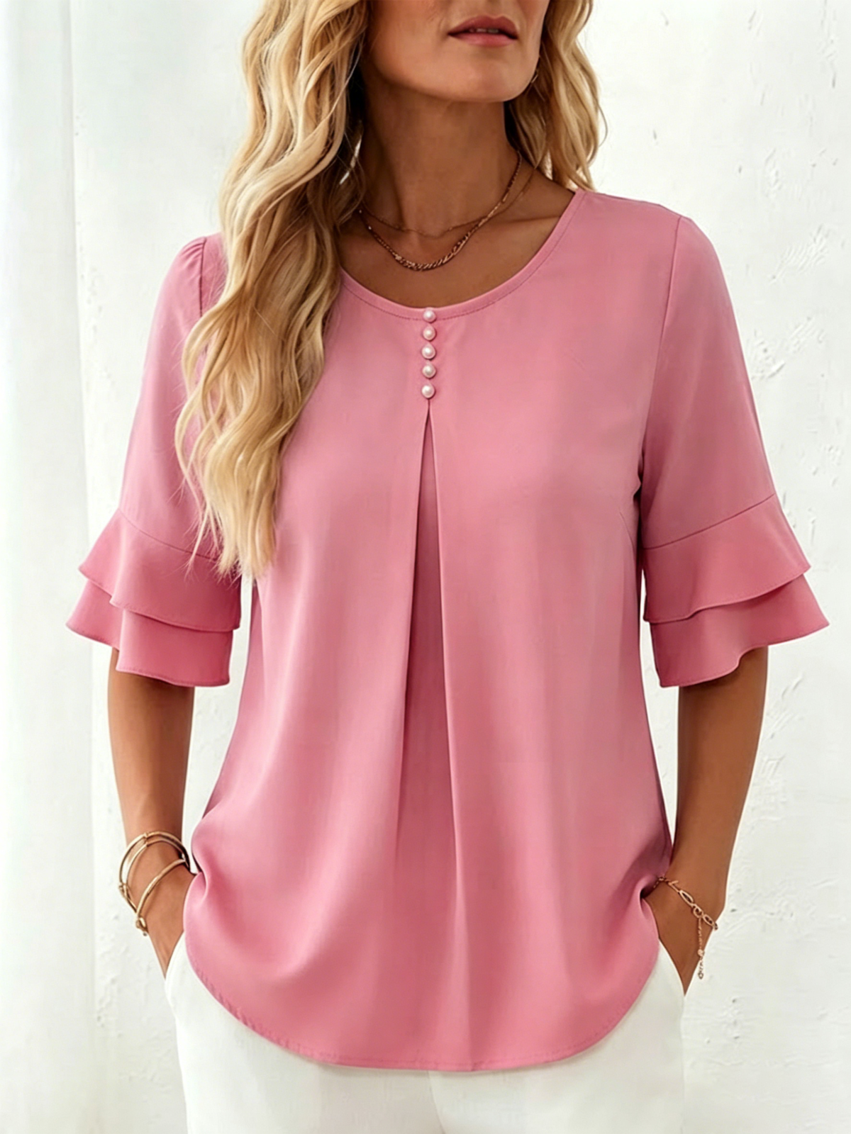 Loose-fit, Slimming Short-sleeved Shirt With Double-layer Ruffles