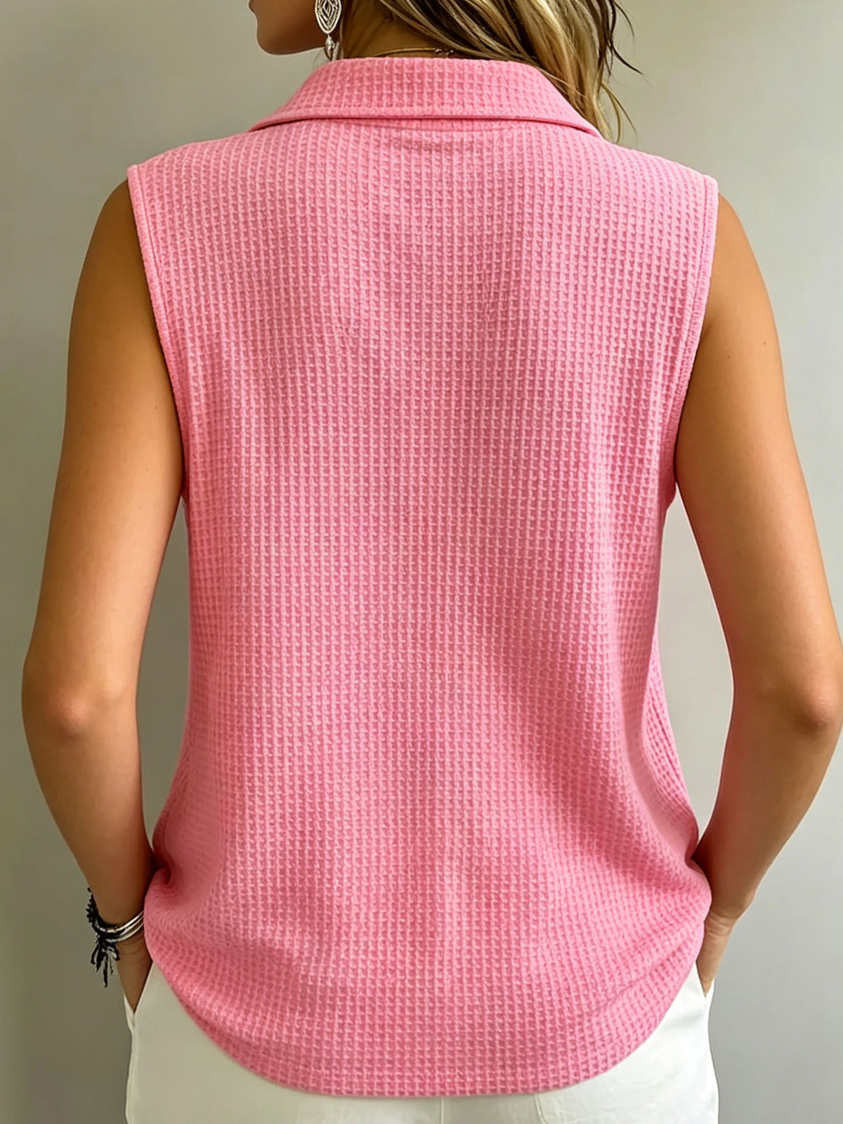 Women’s Waffle Knit Collared Half Button Sleeveless Polo Tank Top