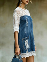 Women's Distressed Denim Lace-Sleeve Mini Dress