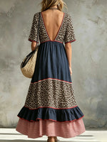 Women's Leopard Stripe Spliced V-Neck Tiered Maxi Dress