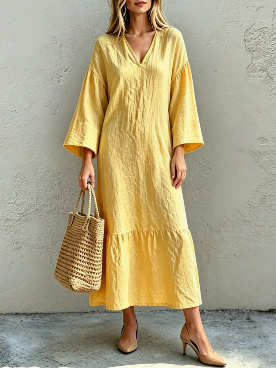 Women's V-collar Loose Art Casual Long Sleeve Cotton Linen Dress
