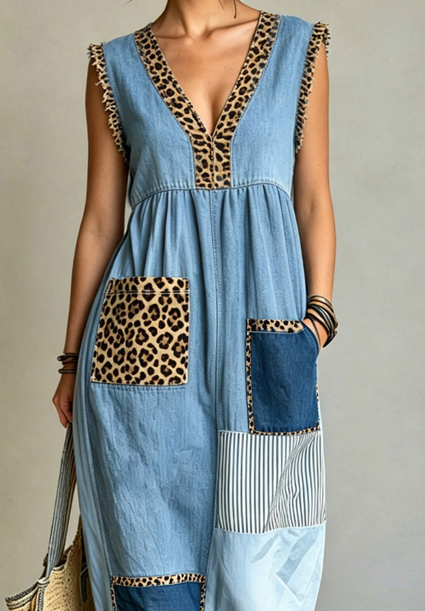 Retro Chic Leopard Denim Patchwork Loose Art Casual Sleeveless Dress
