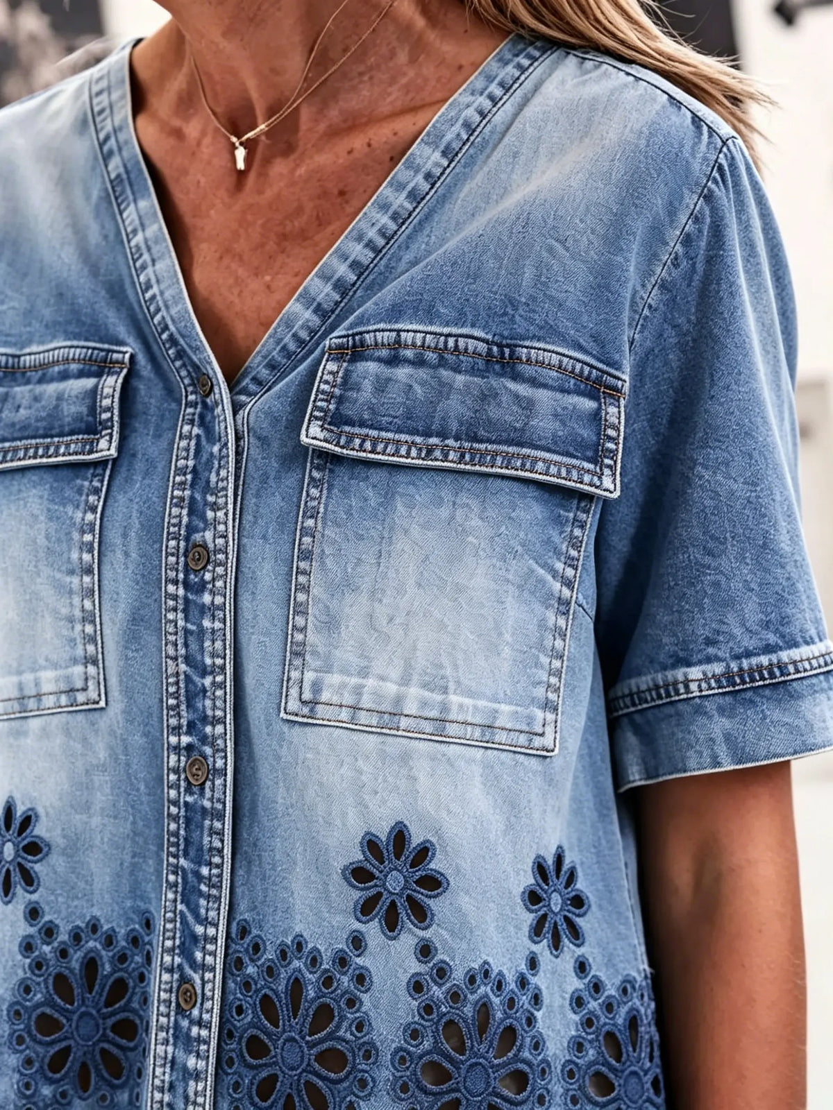 Women's Washed Denim Floral Hollow Embroidery V Neck Pocket Short Sleeve Shirt