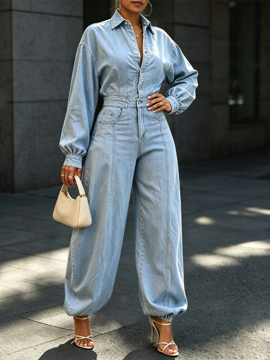 Fashion Denim Lapel Casual Loose Long Sleeve Pockets Jumpsuit