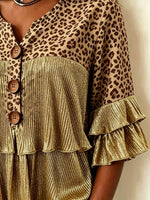 Women's Leopard Print Metallic Ruffle V Neck Blouse