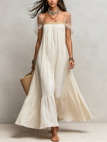 Women's Pleated Sheer-Sleeve Ruffle Maxi Dress