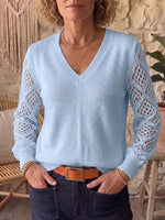 Women's Solid Color V-neck Long-sleeve Casual Loose Cut-out Knit Pullover