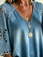 Women's Floral Eyelet Embroidery Washed Denim Loose V Neck Tunic Top