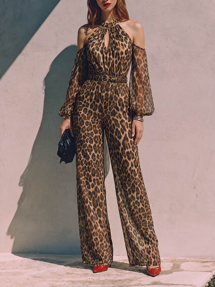 Women's Leopard Print Crew Neck Long-sleeve Casual Loose Wide-leg Jumpsuit