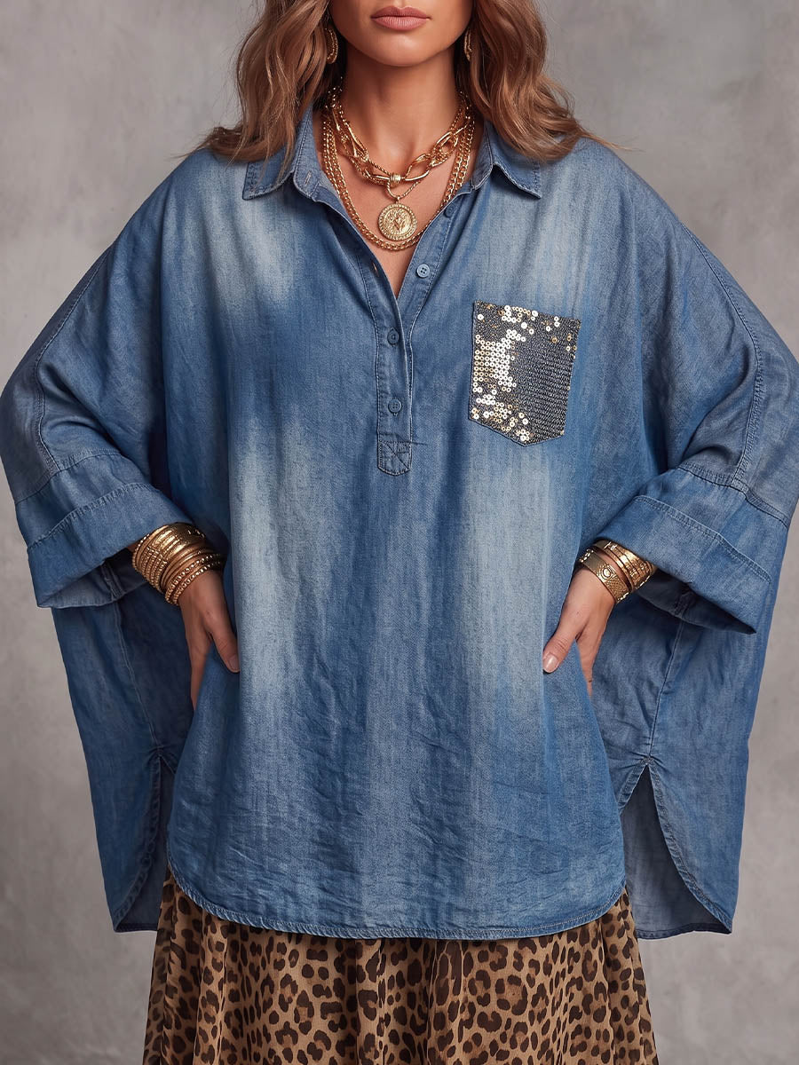 Vintage Elegant Denim Patchwork Pocket Irregular Shirt