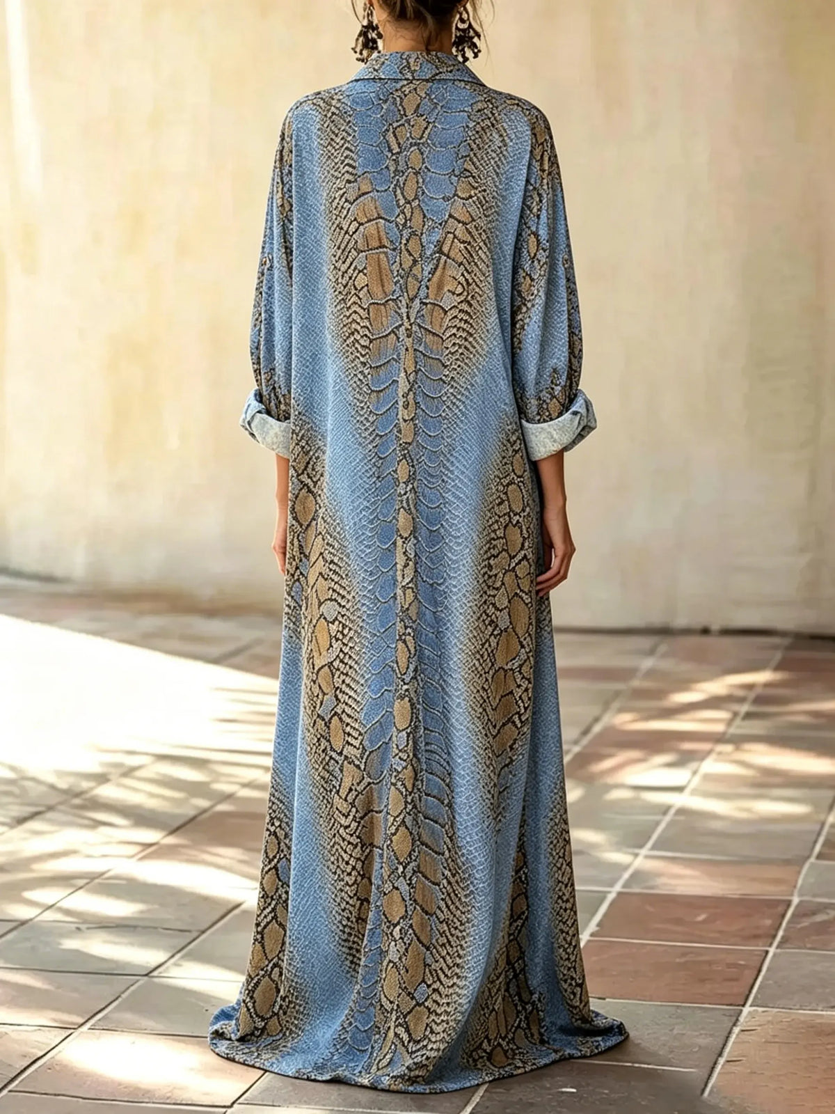 Women's Vintage Snake Skin Print Collared Button Down Long Shirt Cover Up Dress