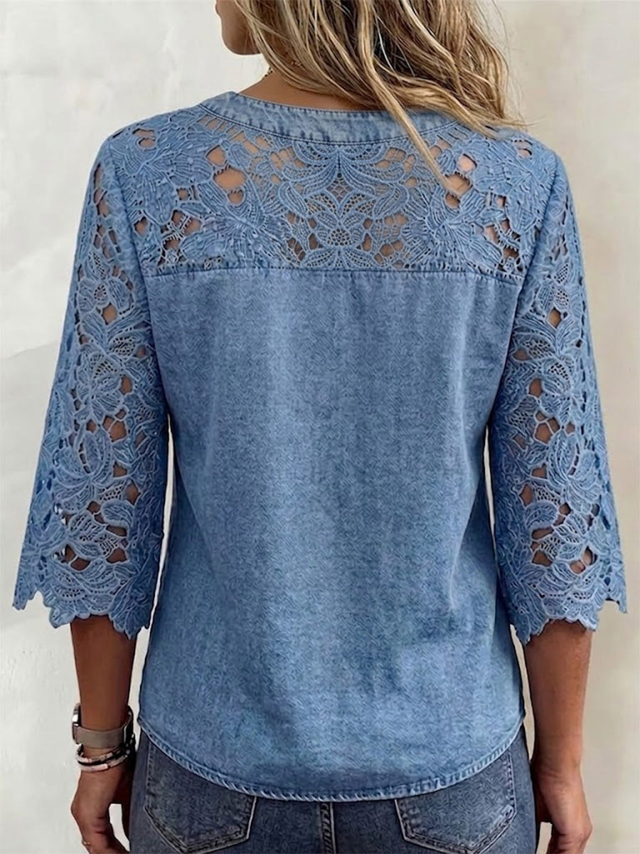 Wash Denim V-neck 3 Wooden Buttons Full Shoulder-sleeve Floral Cutwork Lace 7/8 Sleeve Loose Top