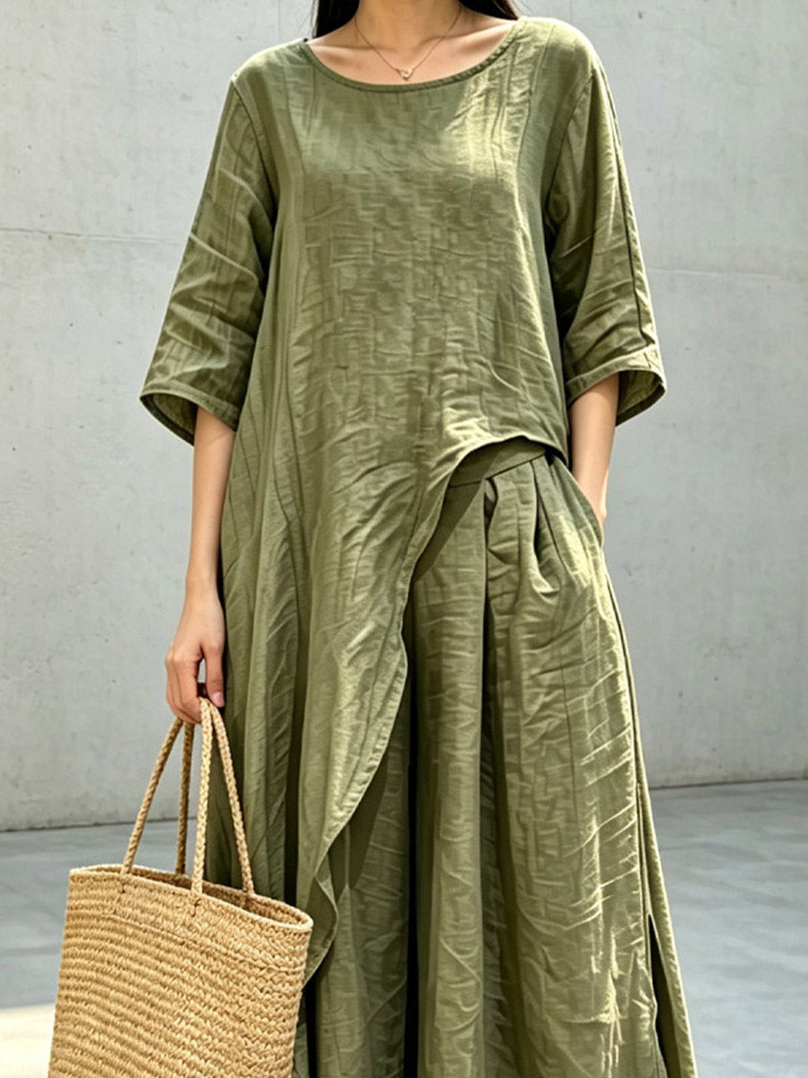 Women's Art Asymmetry Casual Top And Pants Cotton And Linen Two-piece Set
