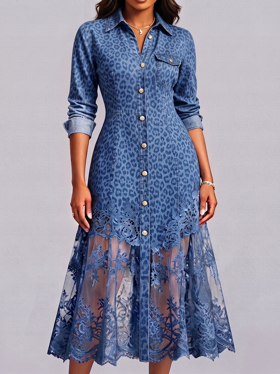 Sexy Leopard Print Denim Dress With Lace Hem