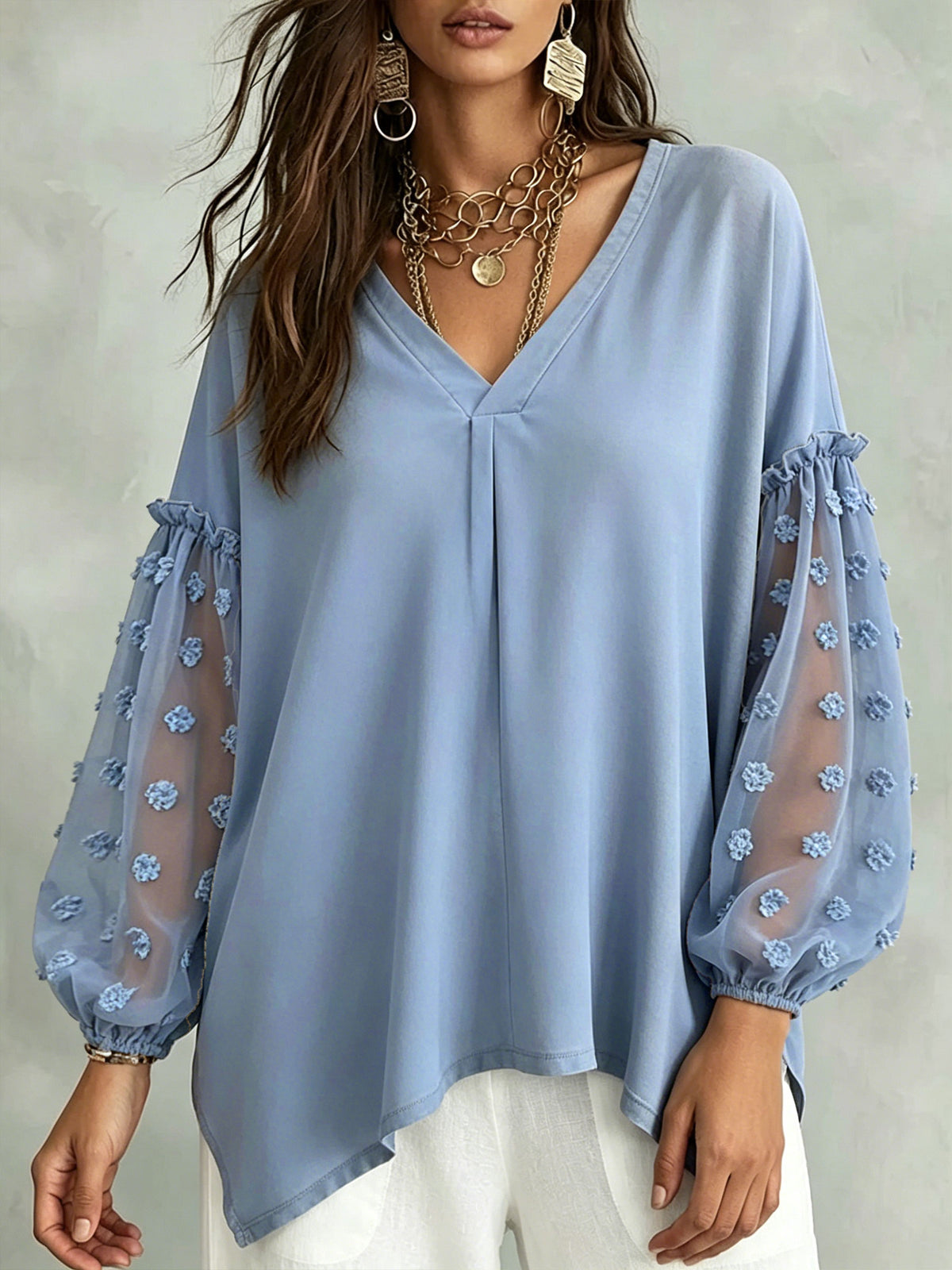 Women’s V-neck Mesh Floral Applique Puff Long Sleeve Loose Blouse