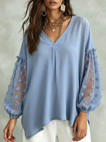 Women’s V-neck Mesh Floral Applique Puff Long Sleeve Loose Blouse