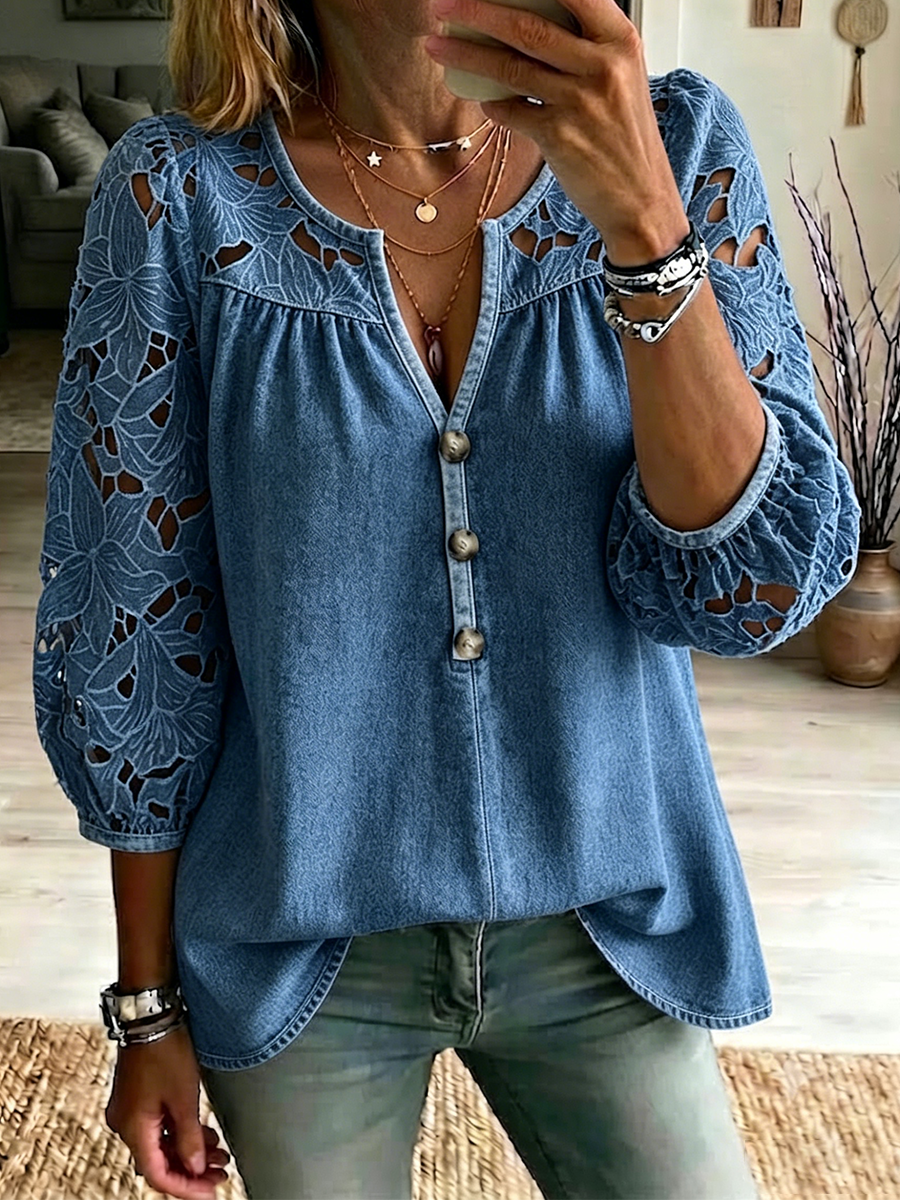 Loose-fit Washed Denim Top Featuring A V-neck, Wooden Buttons, Cut-out Floral Lace Details On The Shoulders And Sleeves, And Three-quarter Length Sleeves