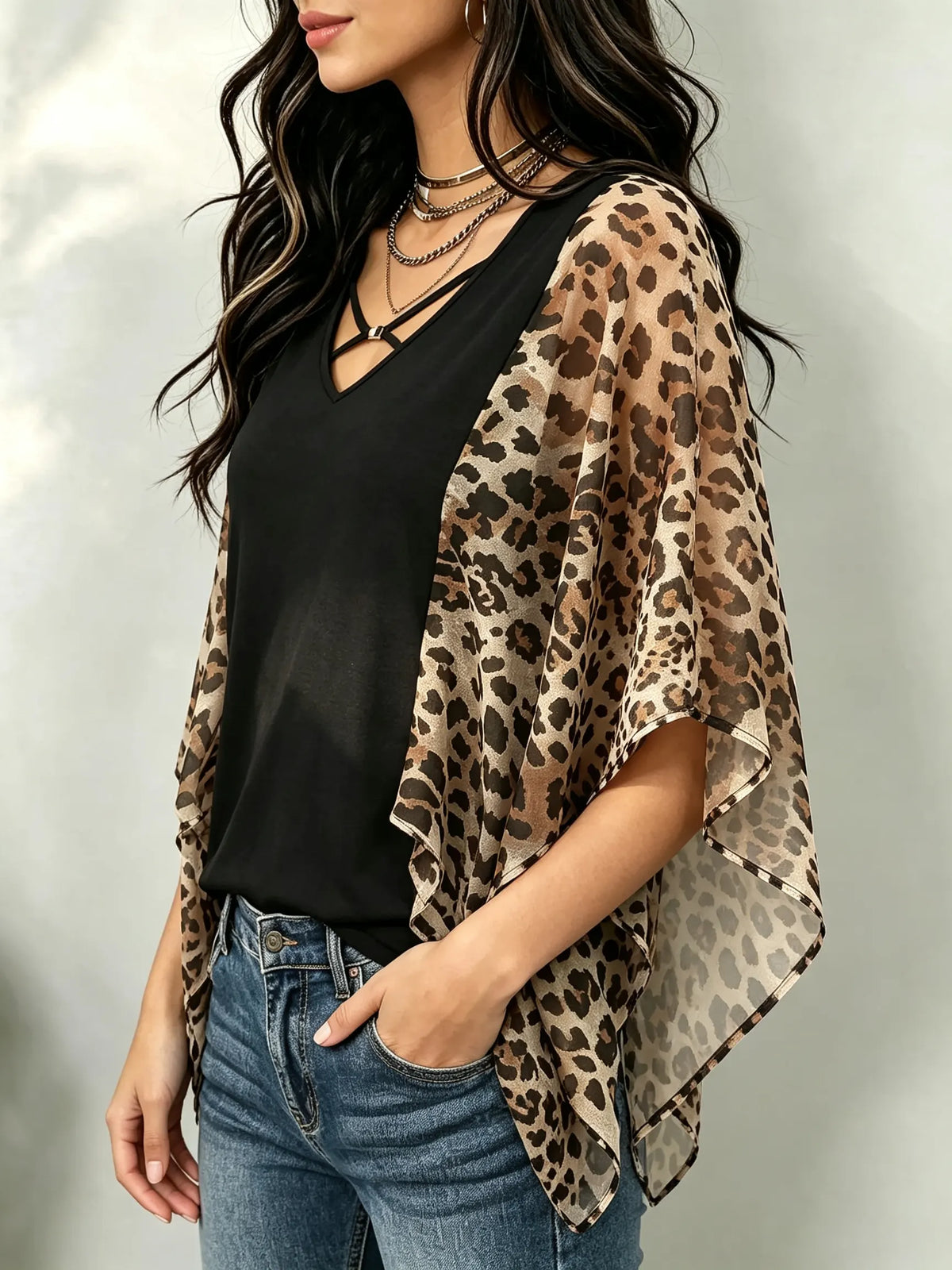 Women's Leopard Chiffon Panel Strappy V-Neck Top
