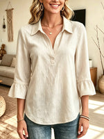 Classic Ruffle 3/4 Sleeve Loose Art Casual Lapel Cotton And Linen Shirt