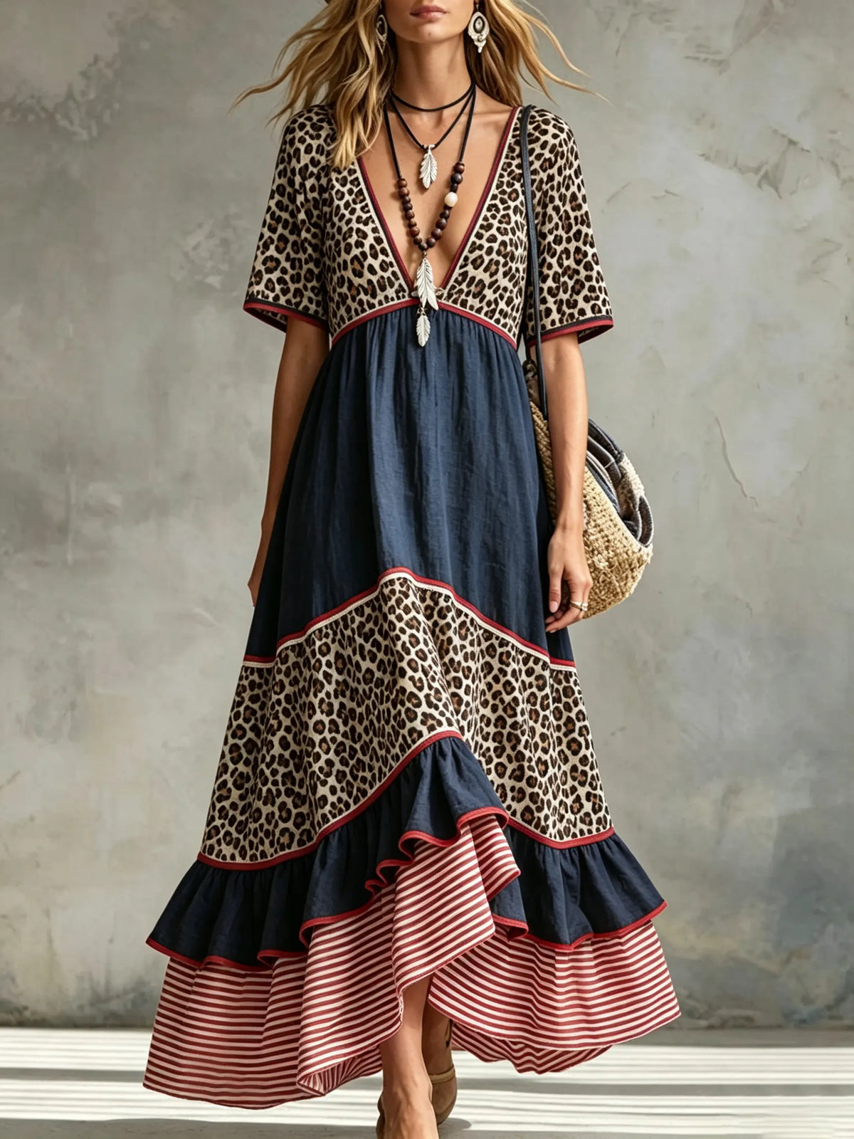 Women's Leopard Stripe Spliced V-Neck Tiered Maxi Dress