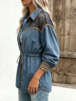 Women's Leopard Lace Spliced Drawstring Waist Denim Shirt Jacket