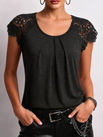 Women's Solid-color Crew Neck Short-sleeve Casual Loose Lace-panel Top